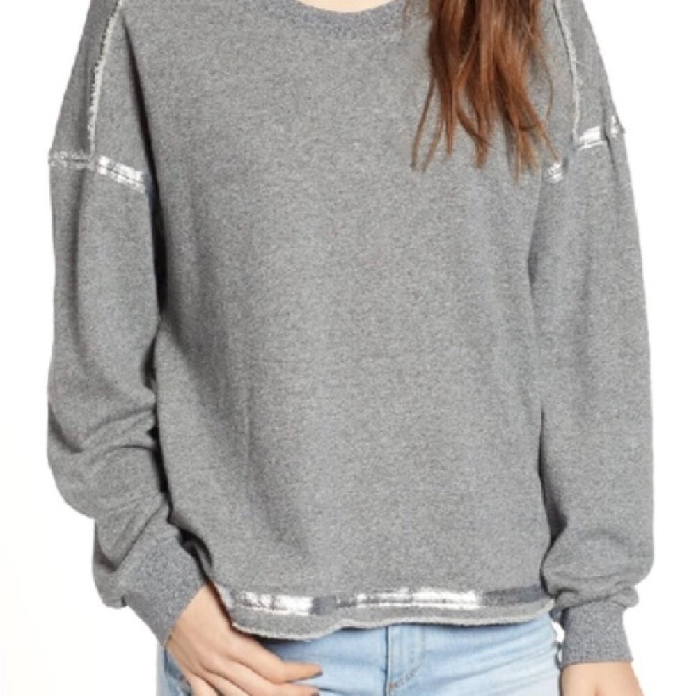 Splendid Heather Grey Foil Trim Terry Sweatshirt sz L Rolled Hem Long Sleeve